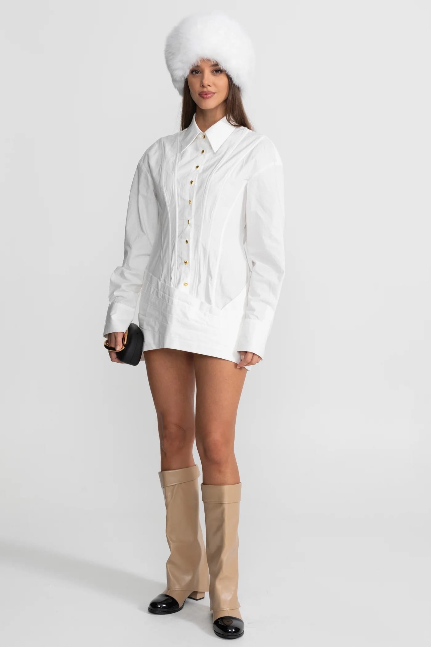 Structured Mini Dress with Gold Button Detailing - White