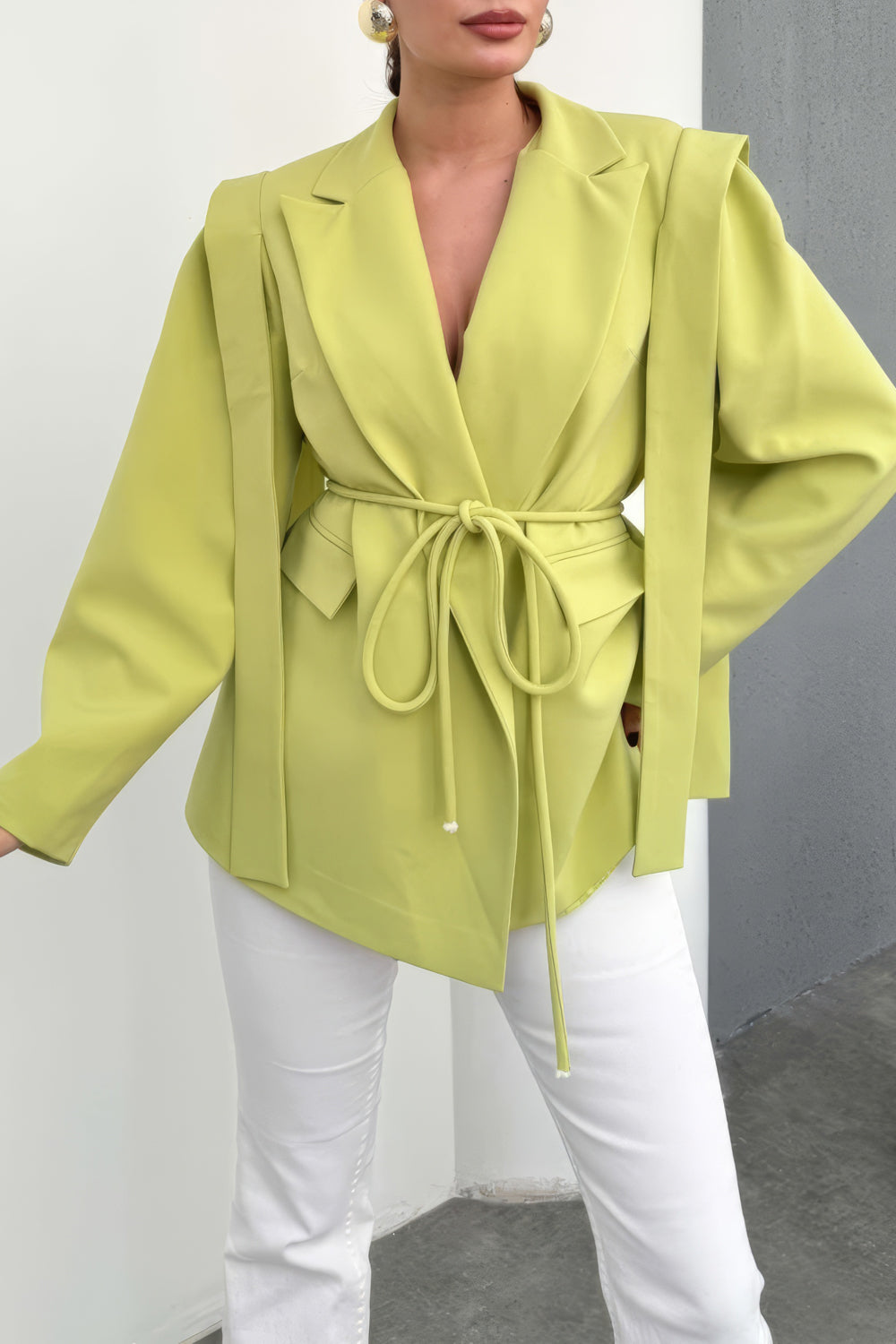 Belted Blazer with Layered Shoulder Details