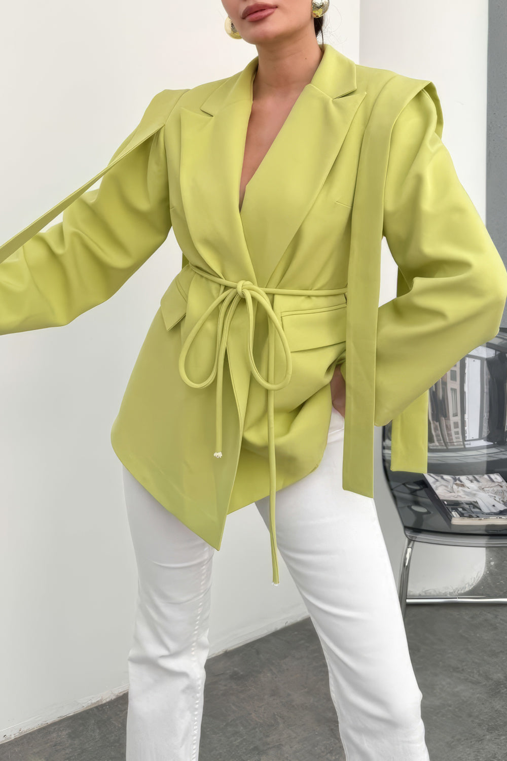 Belted Blazer with Layered Shoulder Details