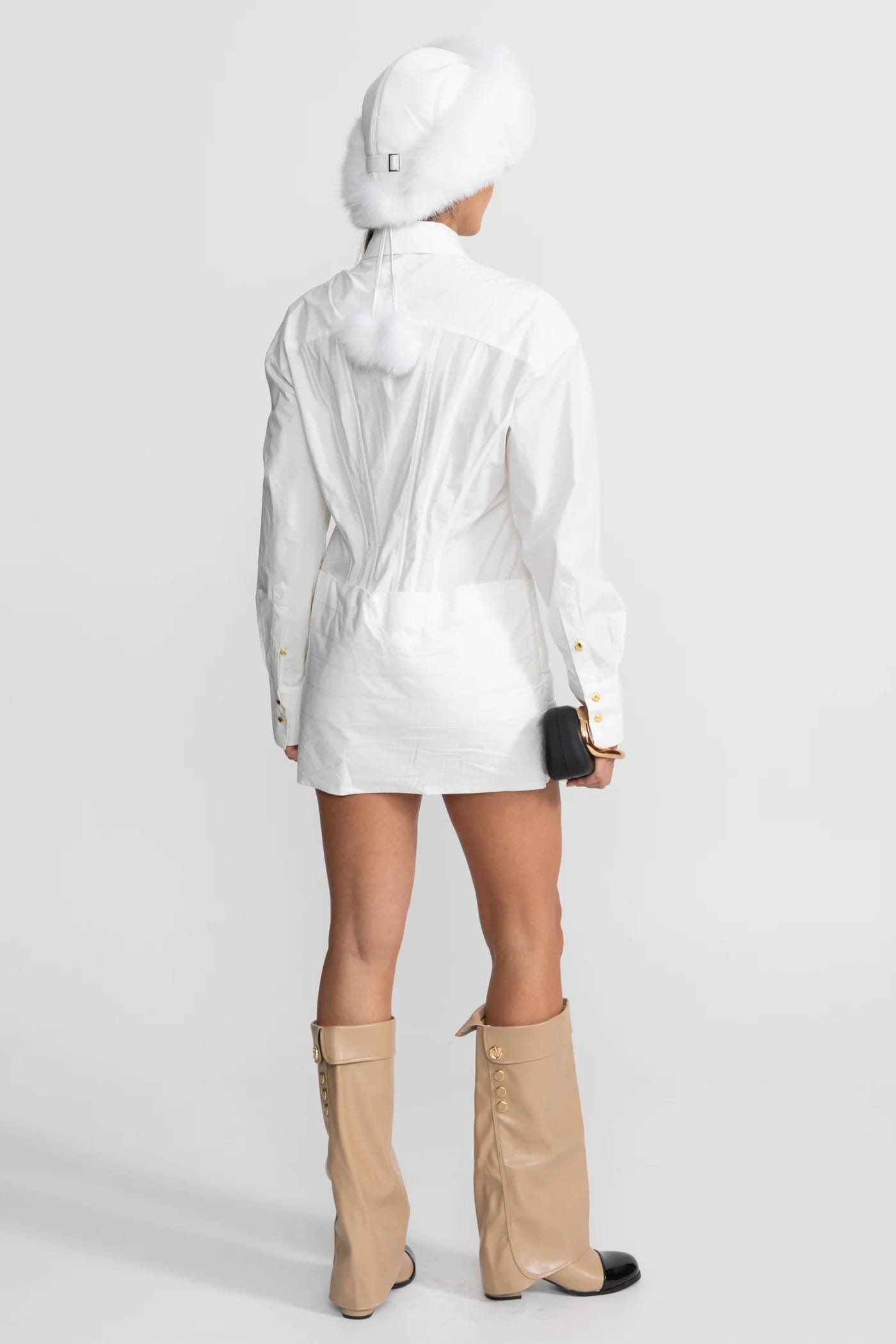 Structured Mini Dress with Gold Button Detailing - White