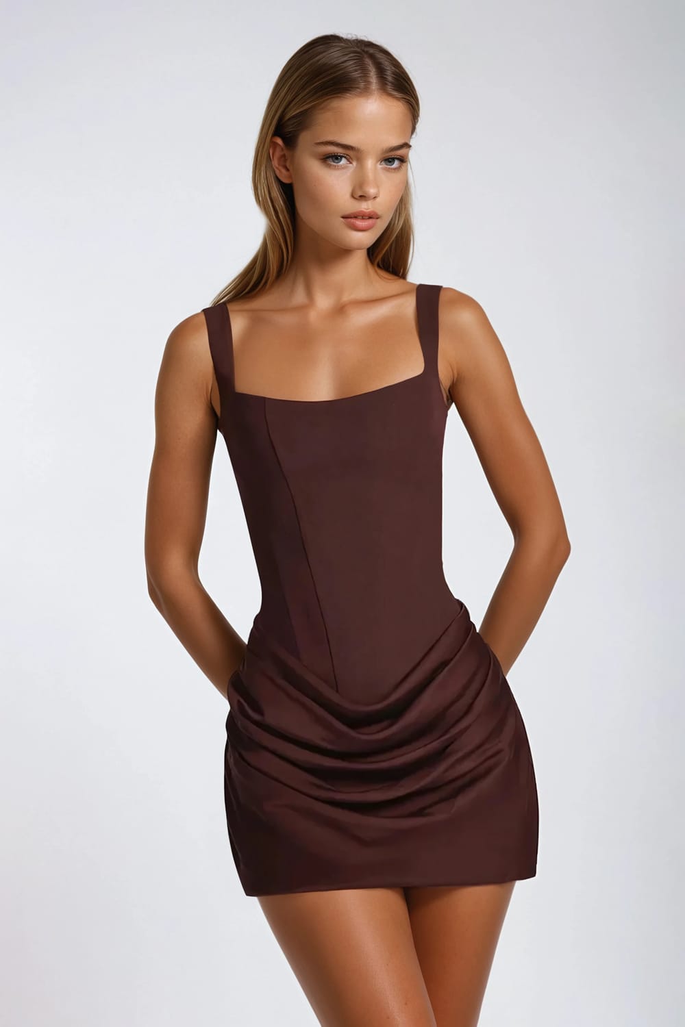 Square Neck Draped Mini Dress - Brown