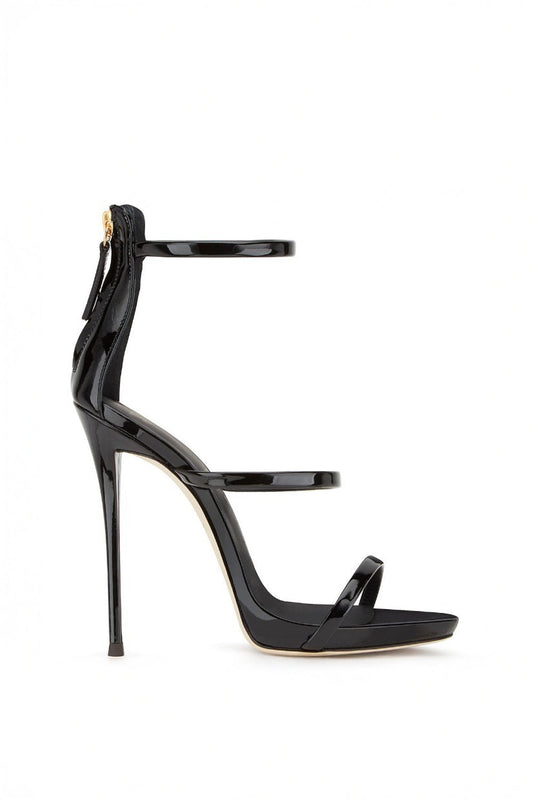 Triple Strap Ankle Zip Stiletto Sandals - Black