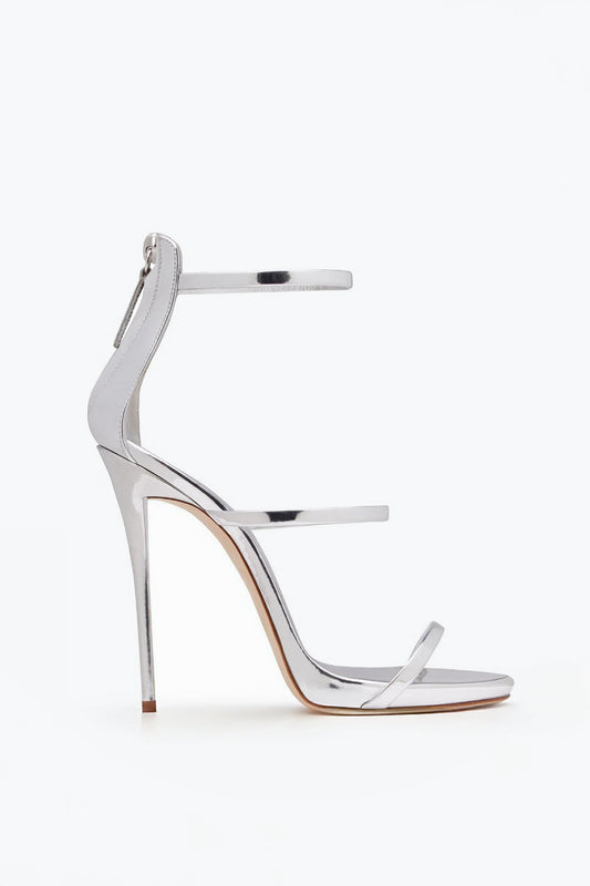 Triple Strap Ankle Zip Stiletto Sandals - Silver
