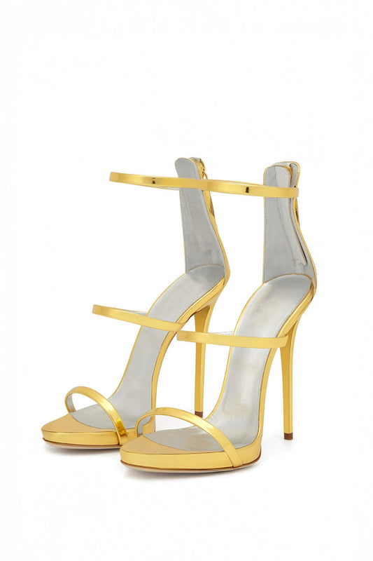Triple Strap Ankle Zip Stiletto Sandals - Gold