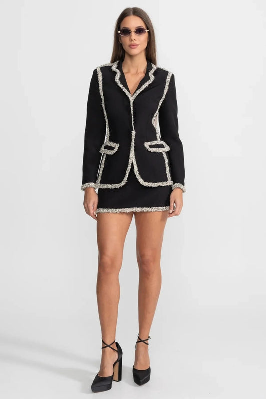 Two-Piece Set with Textured Trim Blazer and Mini Skirt - Black