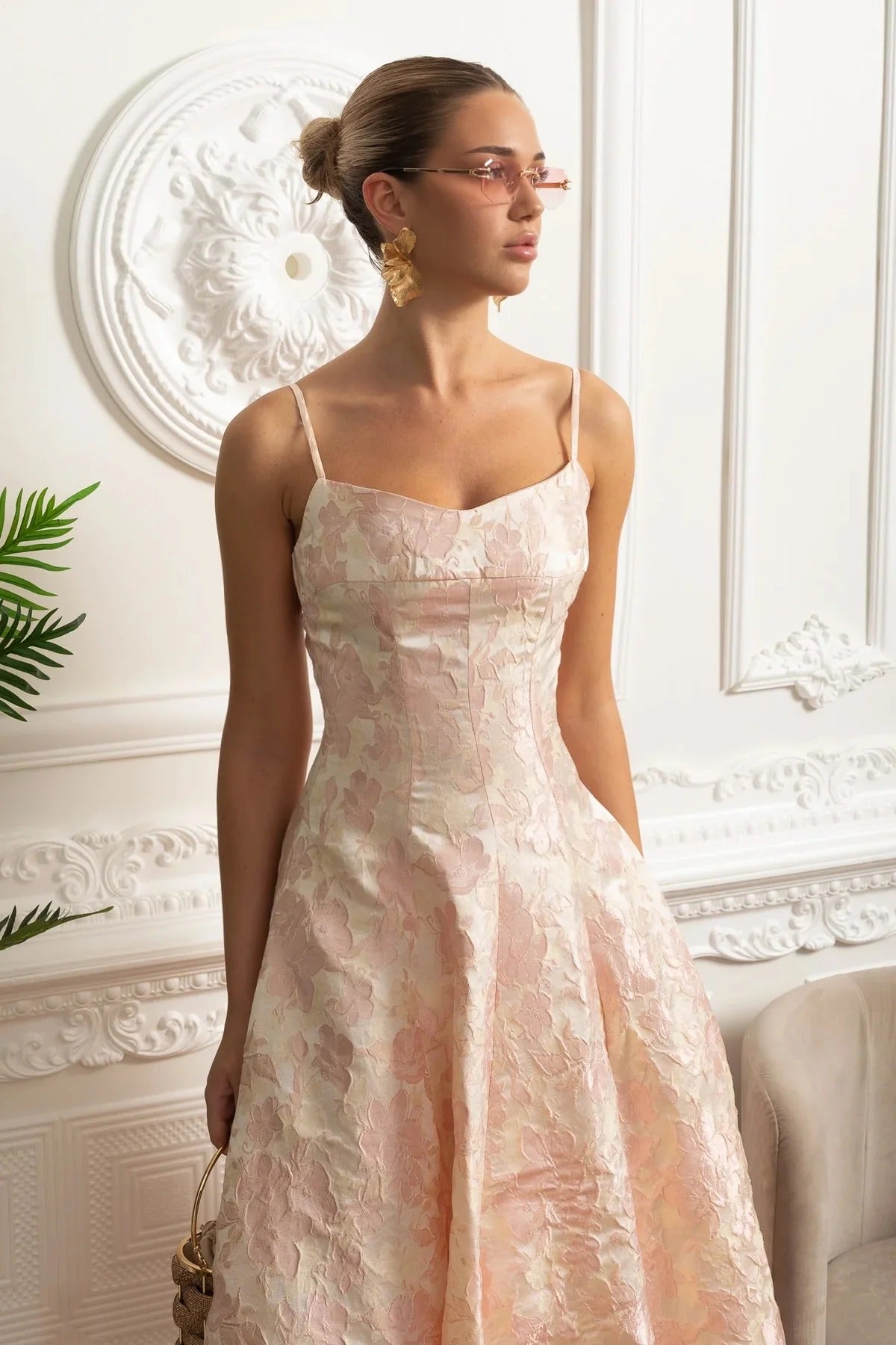 Floral Brocade Midi Dress With Spaghetti Straps - Pink