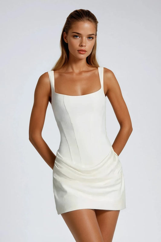 Square Neck Draped Mini Dress - White