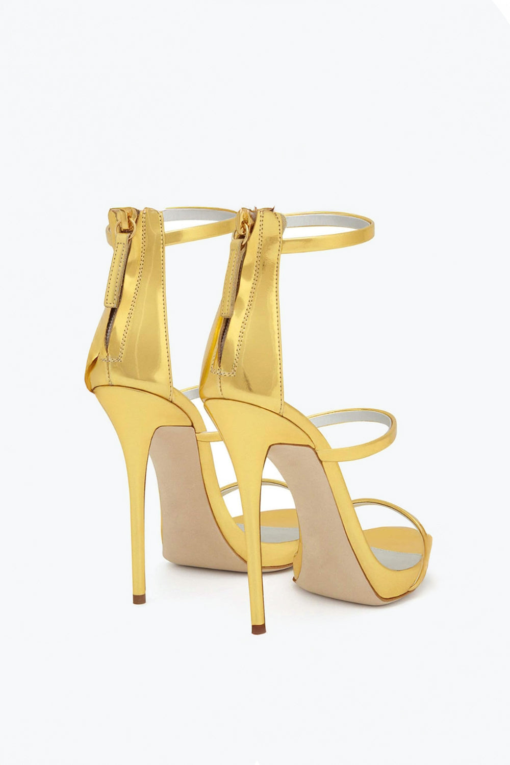 Triple Strap Ankle Zip Stiletto Sandals - Gold