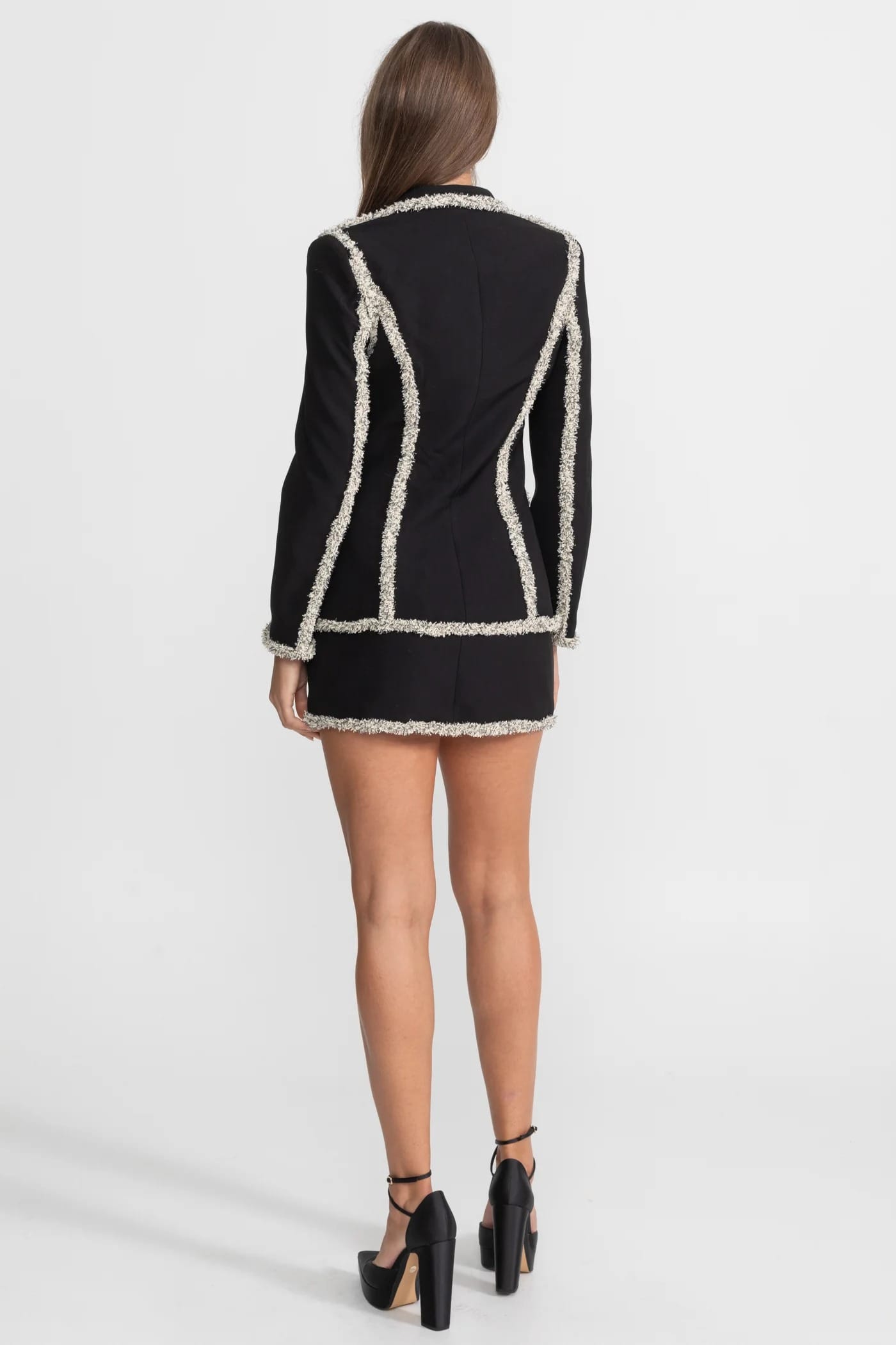 Two-Piece Set with Textured Trim Blazer and Mini Skirt - Black