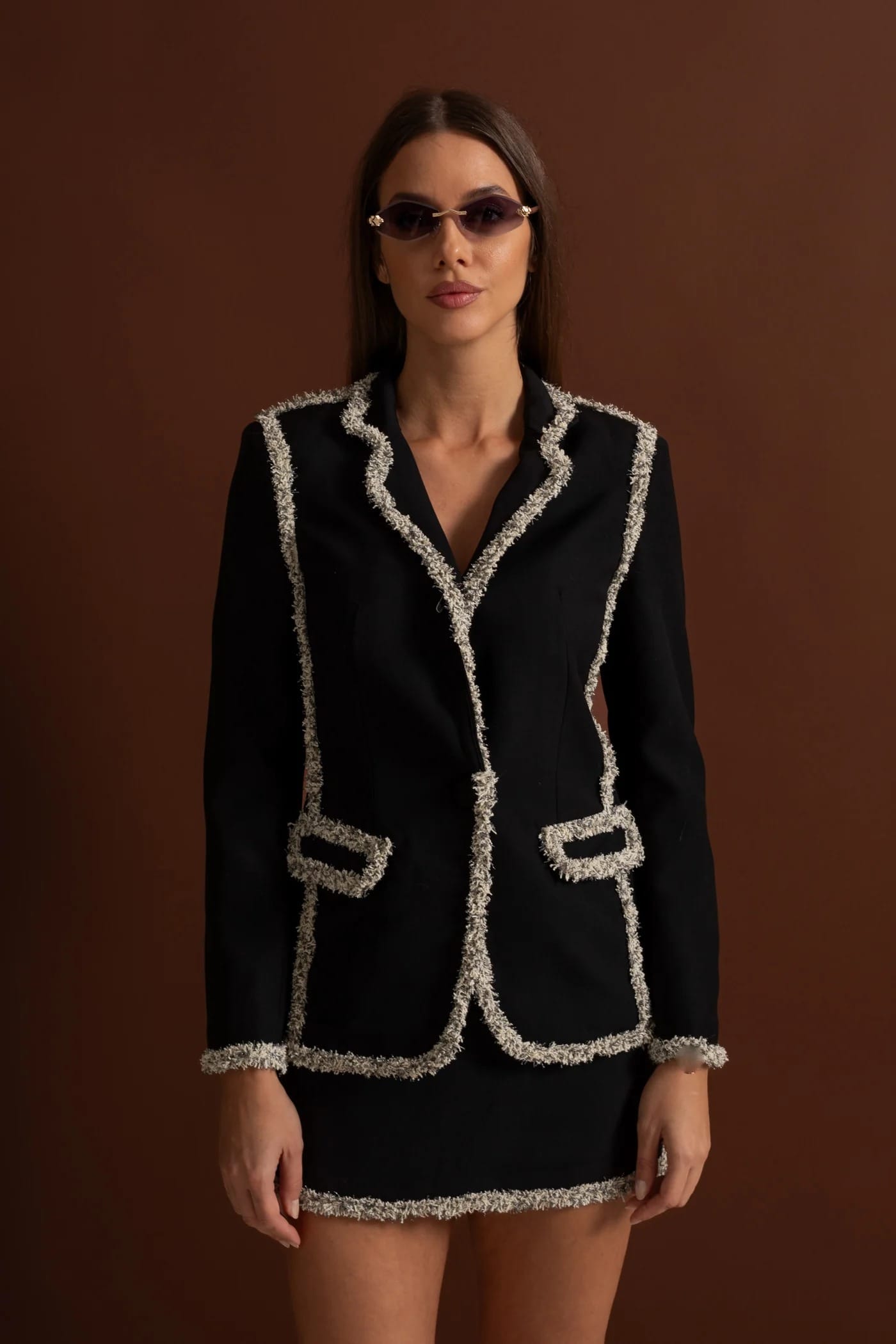 Two-Piece Set with Textured Trim Blazer and Mini Skirt - Black