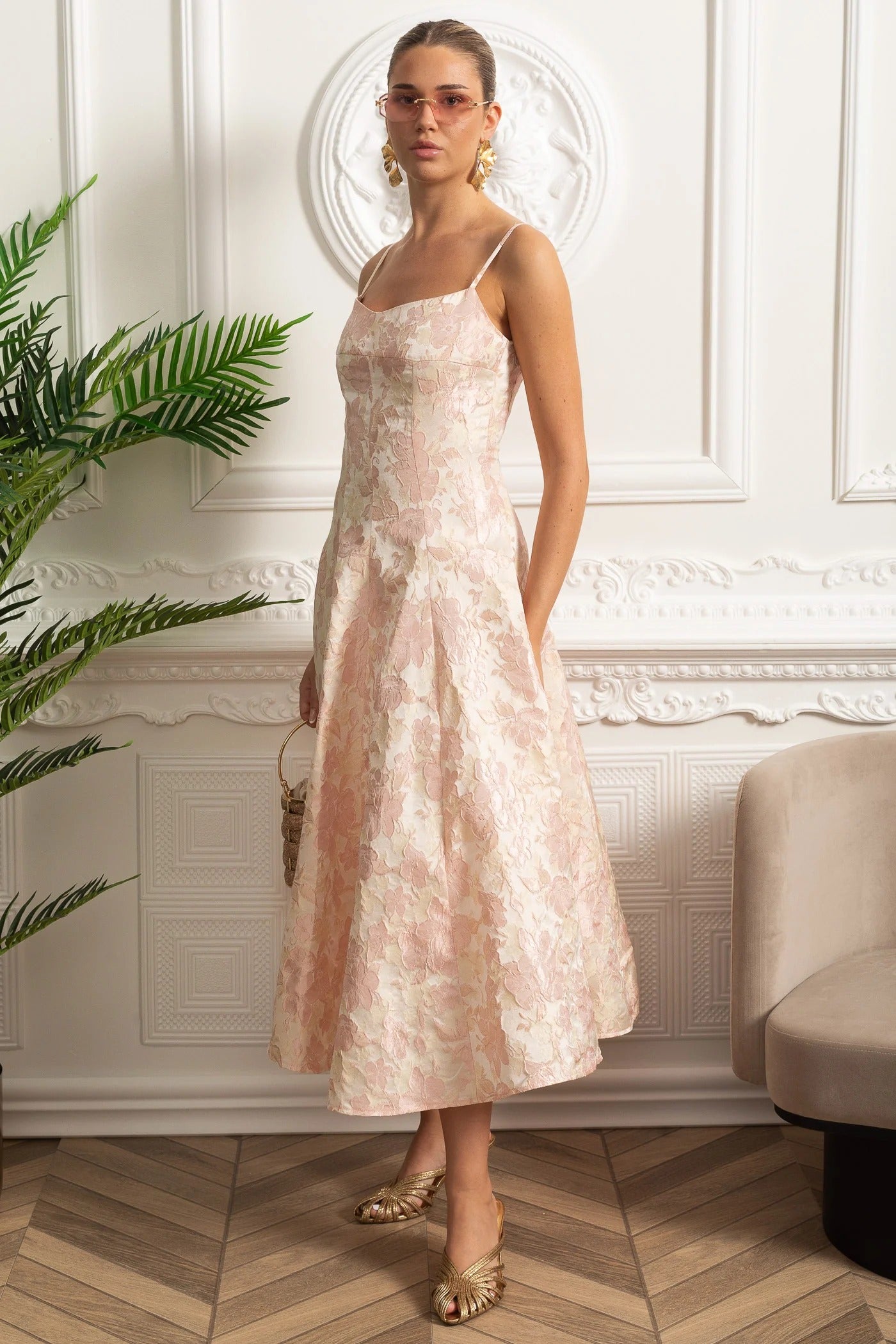 Floral Brocade Midi Dress With Spaghetti Straps - Pink