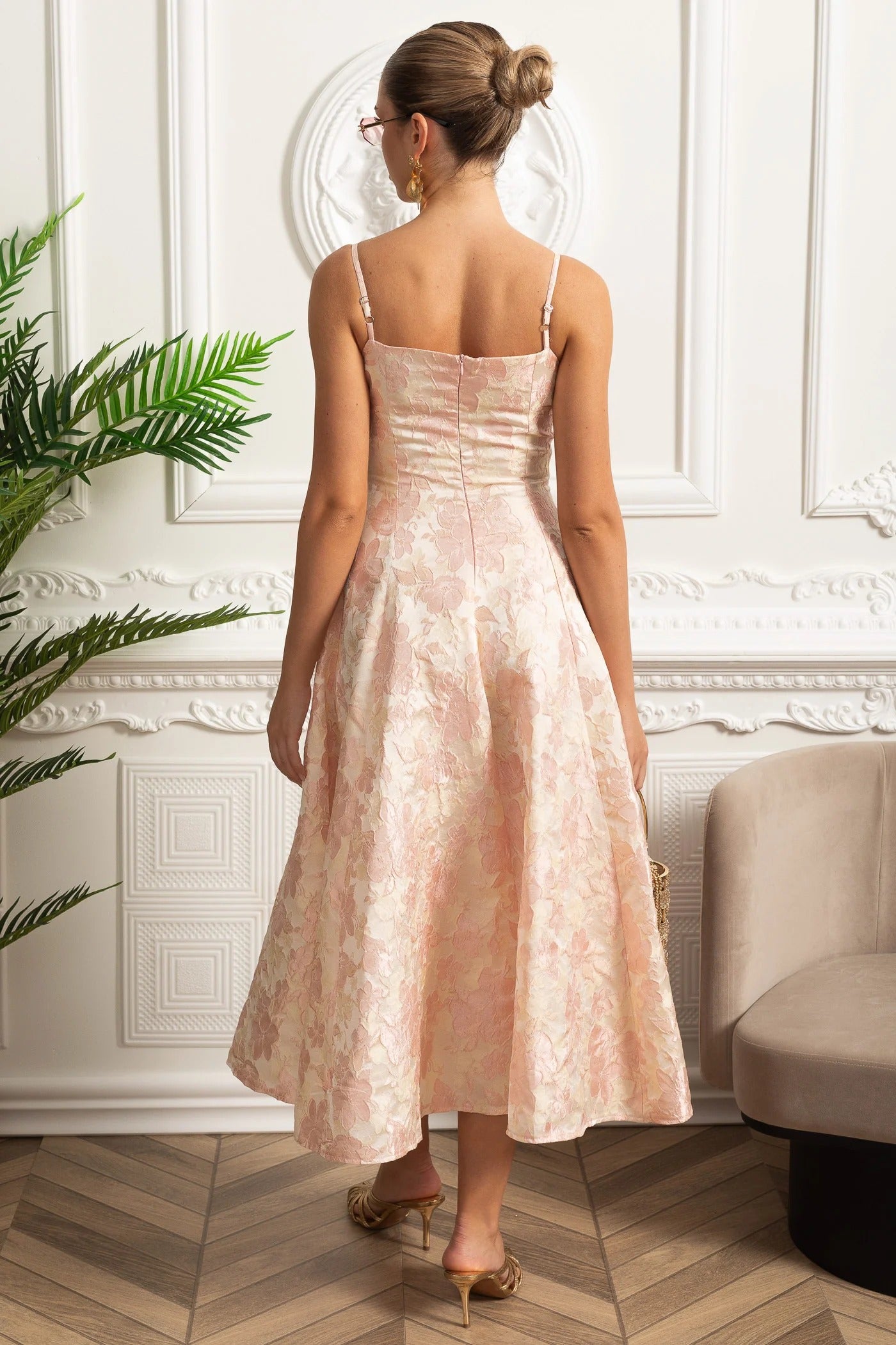 Floral Brocade Midi Dress With Spaghetti Straps - Pink