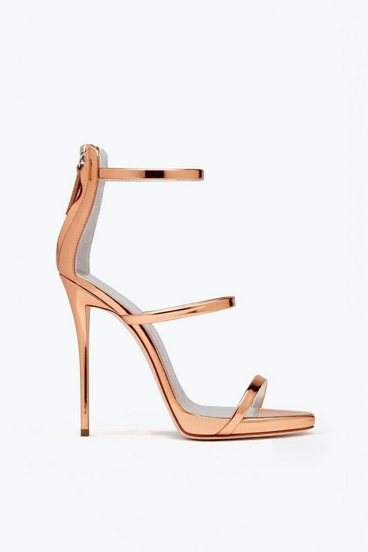 Triple Strap Ankle Zip Stiletto Sandals - Beige