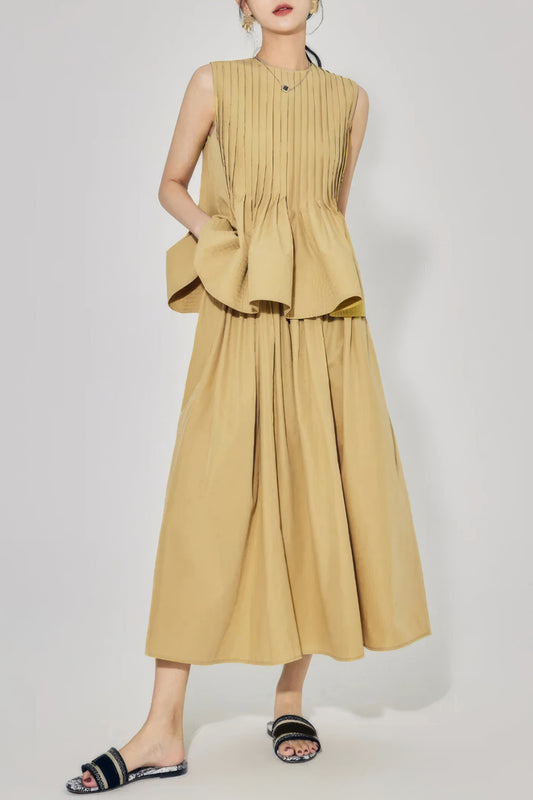 Pleated Peplum Top and Flared Skirt Two-Piece Set