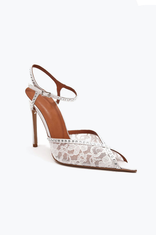 Pointed Toe Lace Sandals with Crystal Trim and Ankle Strap - White