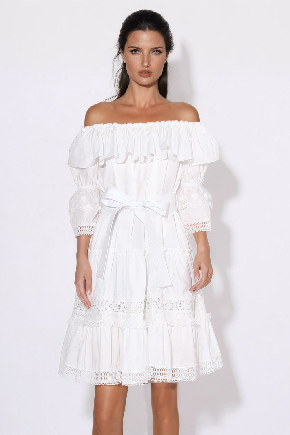 Elegant Off-Shoulder Ruffled Mini Dress - White