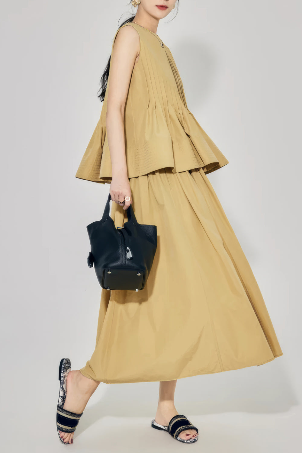 Pleated Peplum Top and Flared Skirt Two-Piece Set