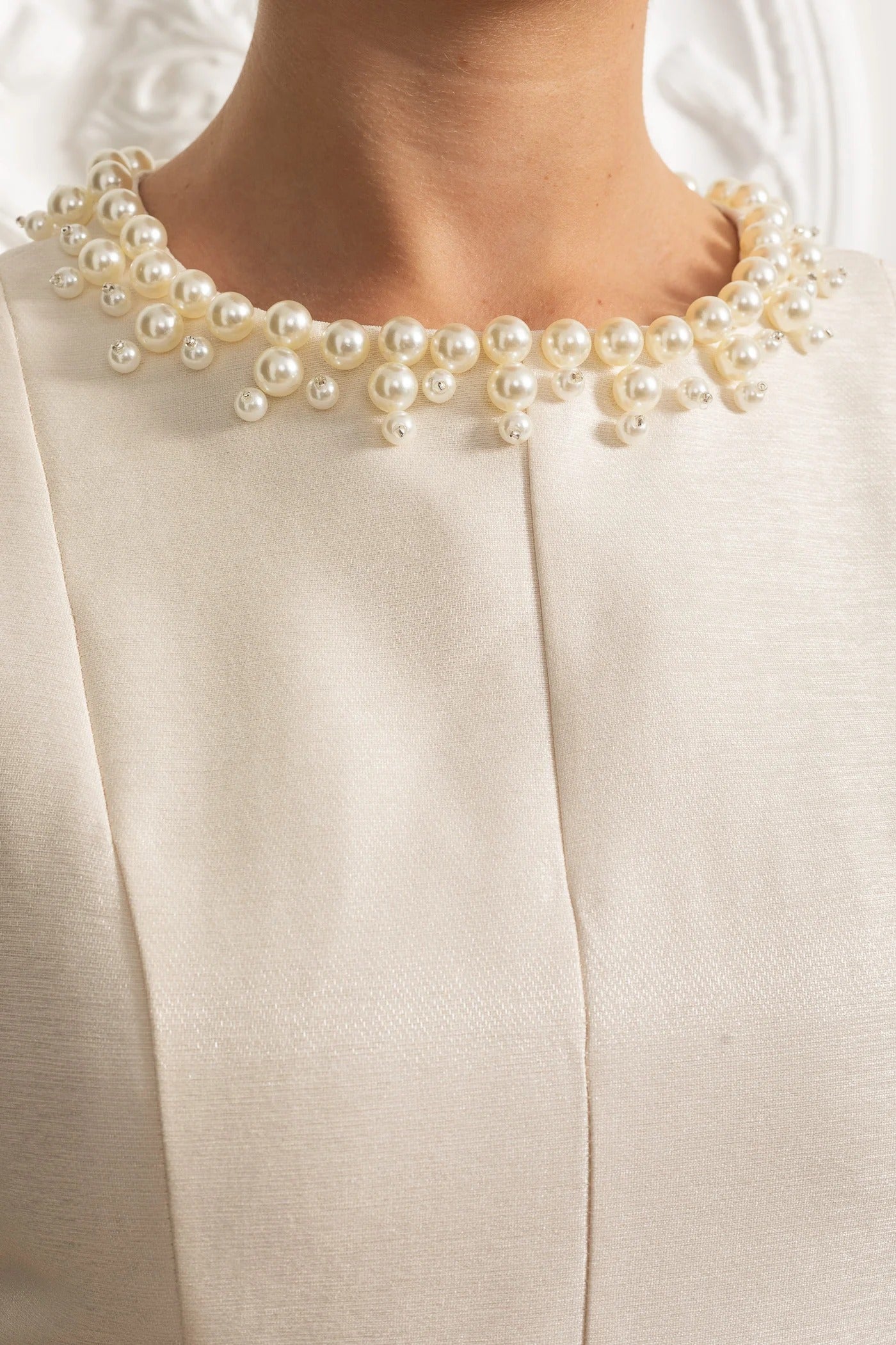 Pearl Collar Tulle Midi Dress - Ivoire