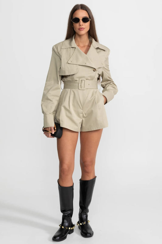 Belted Trench-Style Long Sleeve Jumpsuit - Khaki