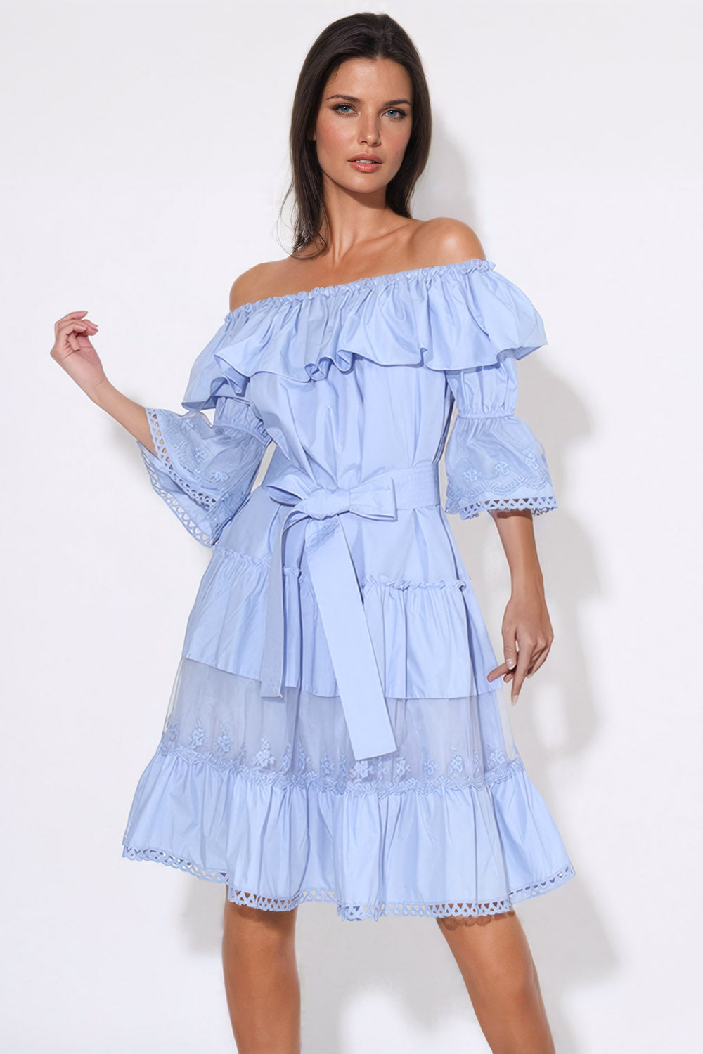 Elegant Off-Shoulder Ruffled Mini Dress - Blue