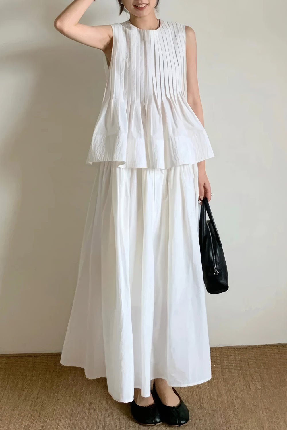 Pleated Peplum Top and Flared Skirt Two-Piece Set