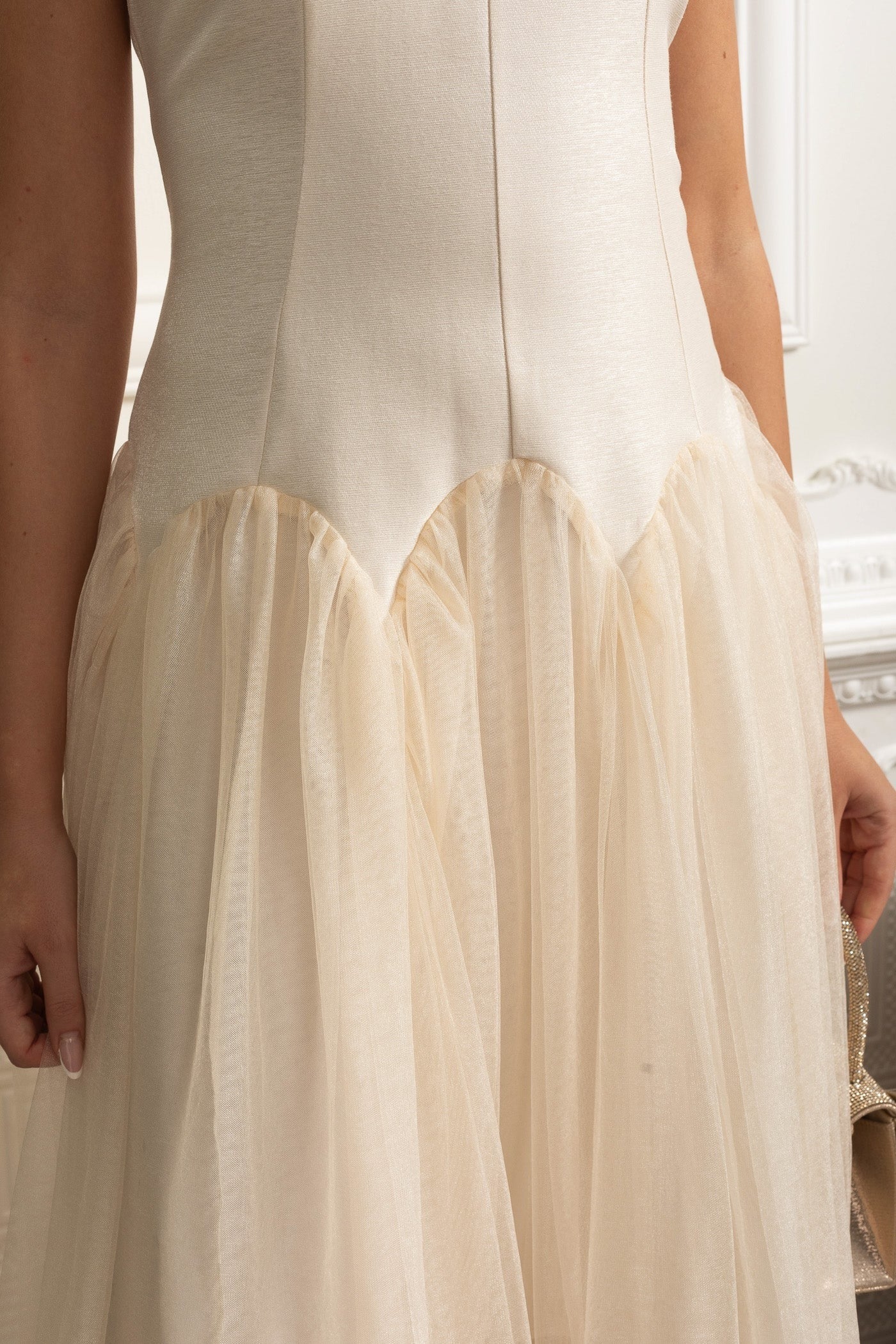 Pearl Collar Tulle Midi Dress - Ivoire