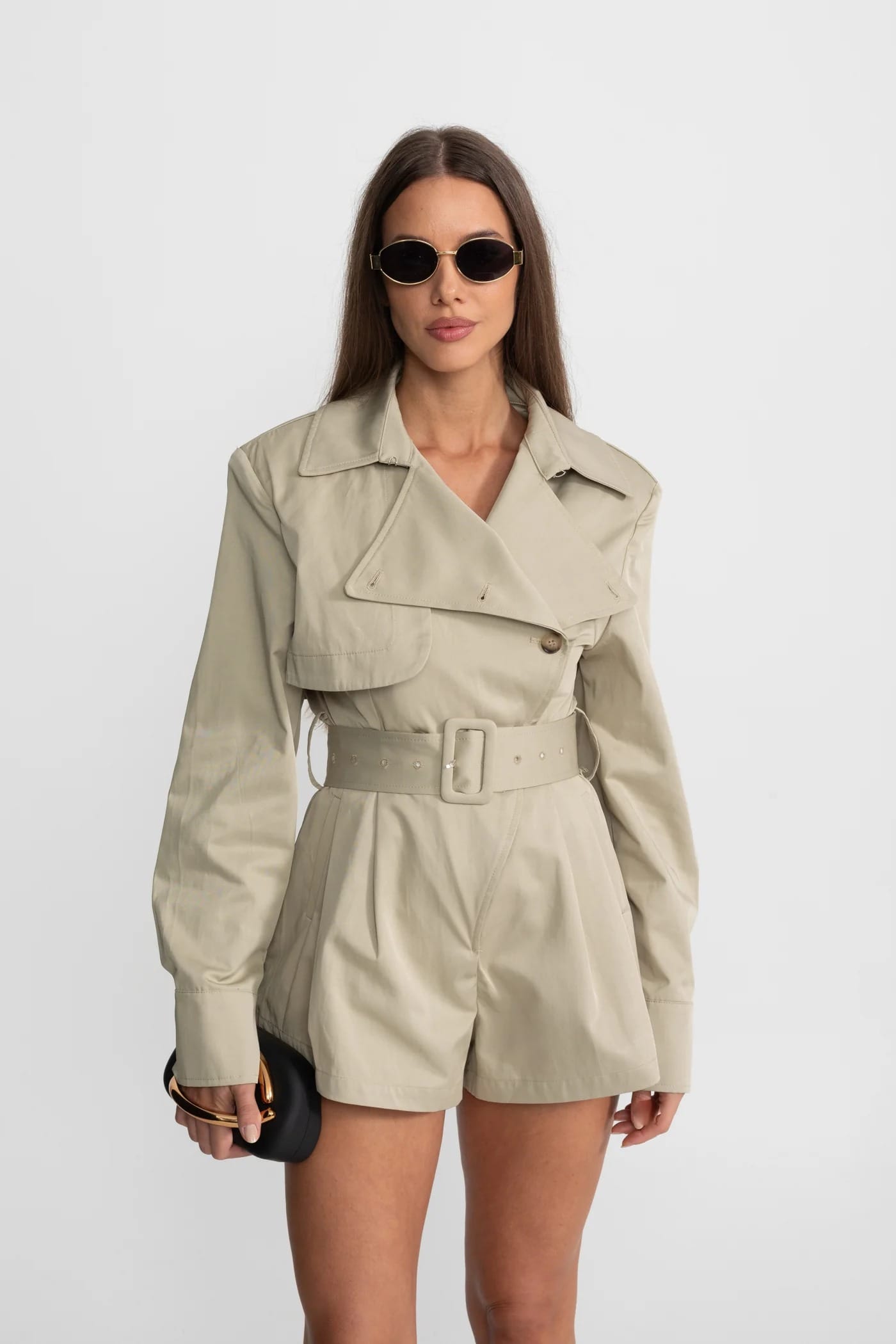 Belted Trench-Style Long Sleeve Jumpsuit - Khaki