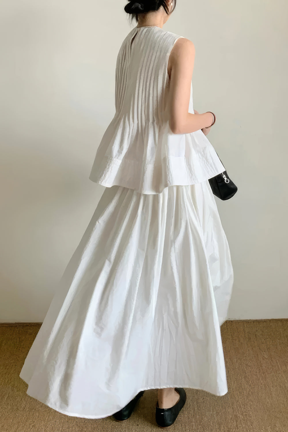 Pleated Peplum Top and Flared Skirt Two-Piece Set