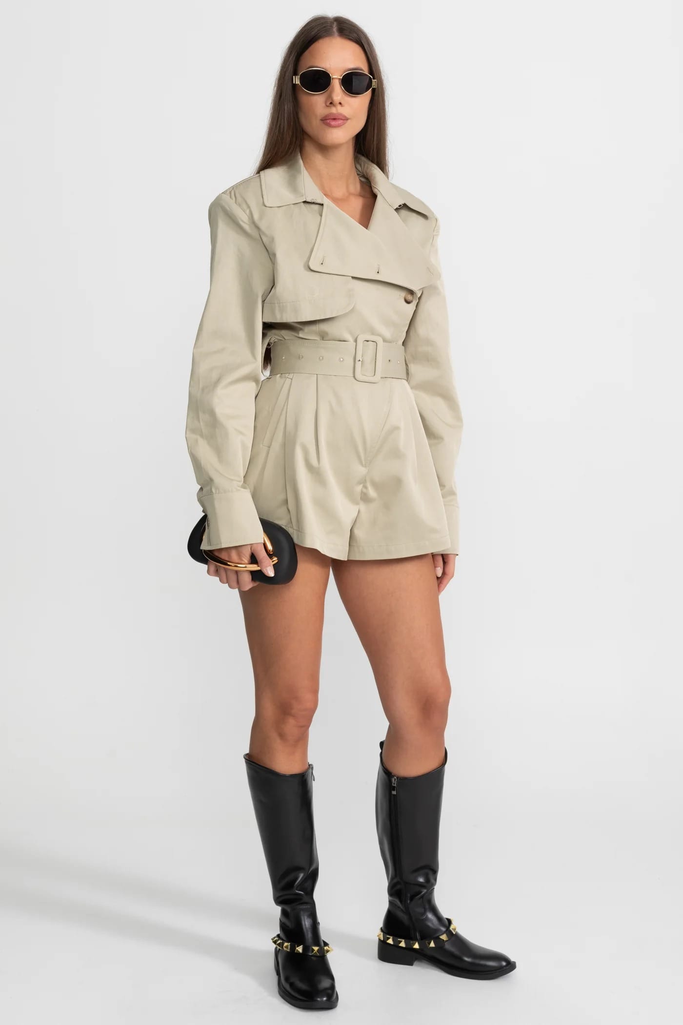 Belted Trench-Style Long Sleeve Jumpsuit - Khaki