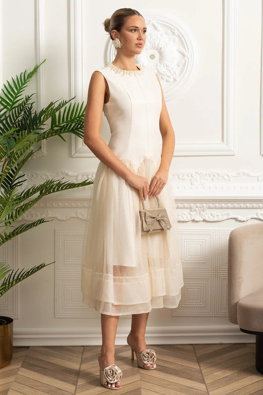 Pearl Collar Tulle Midi Dress - Ivoire