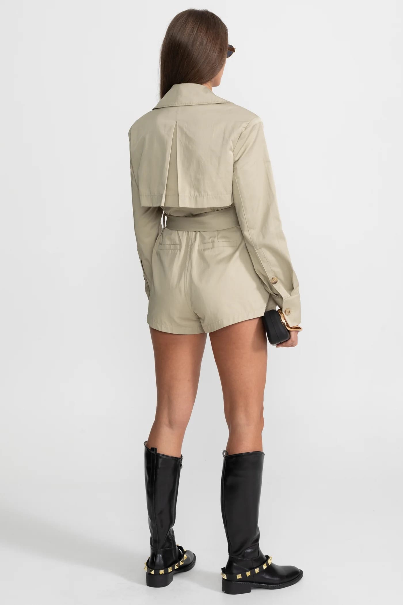 Belted Trench-Style Long Sleeve Jumpsuit - Khaki