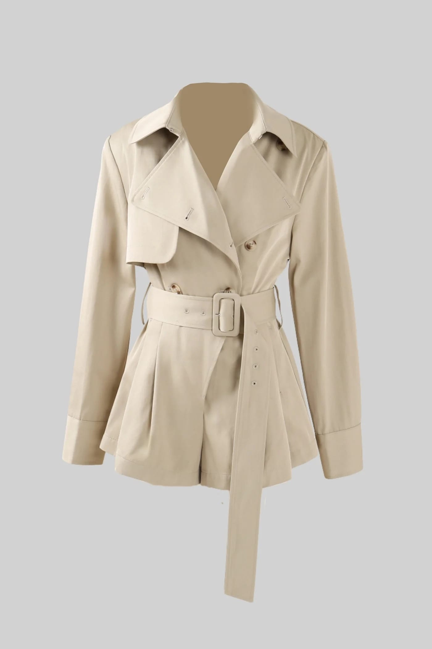 Belted Trench-Style Long Sleeve Jumpsuit - Khaki