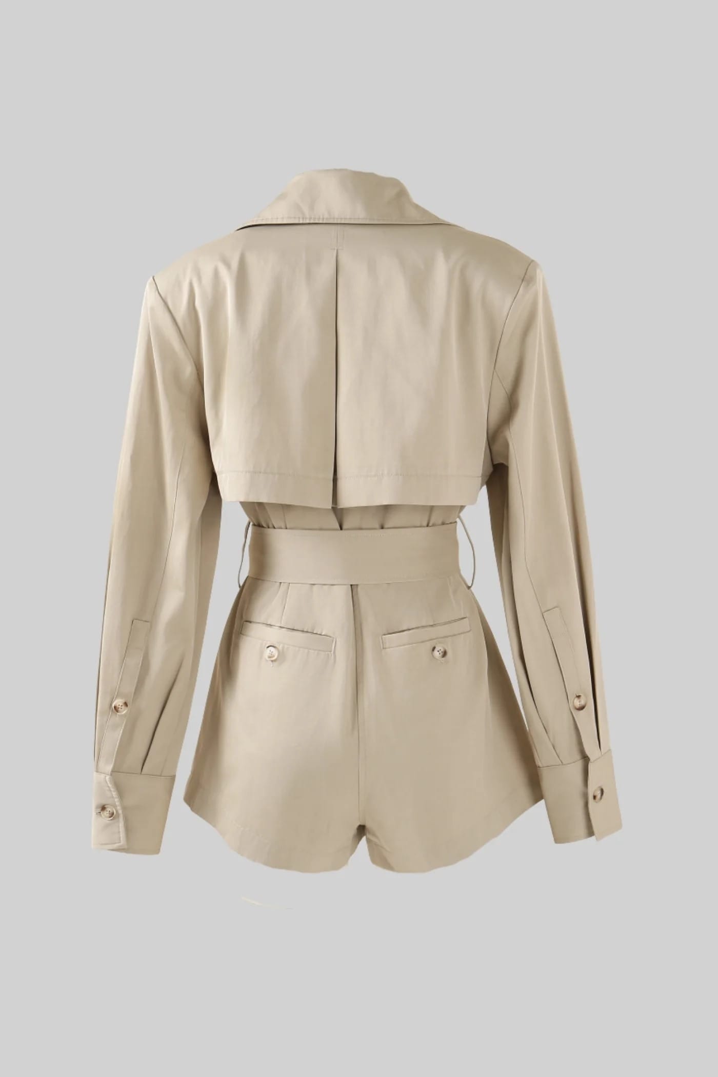 Belted Trench-Style Long Sleeve Jumpsuit - Khaki