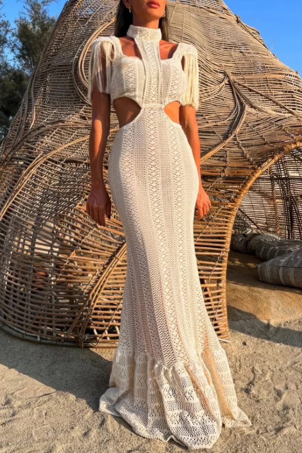 Cut-Out Crochet Maxi Dress with Ruffle Hem