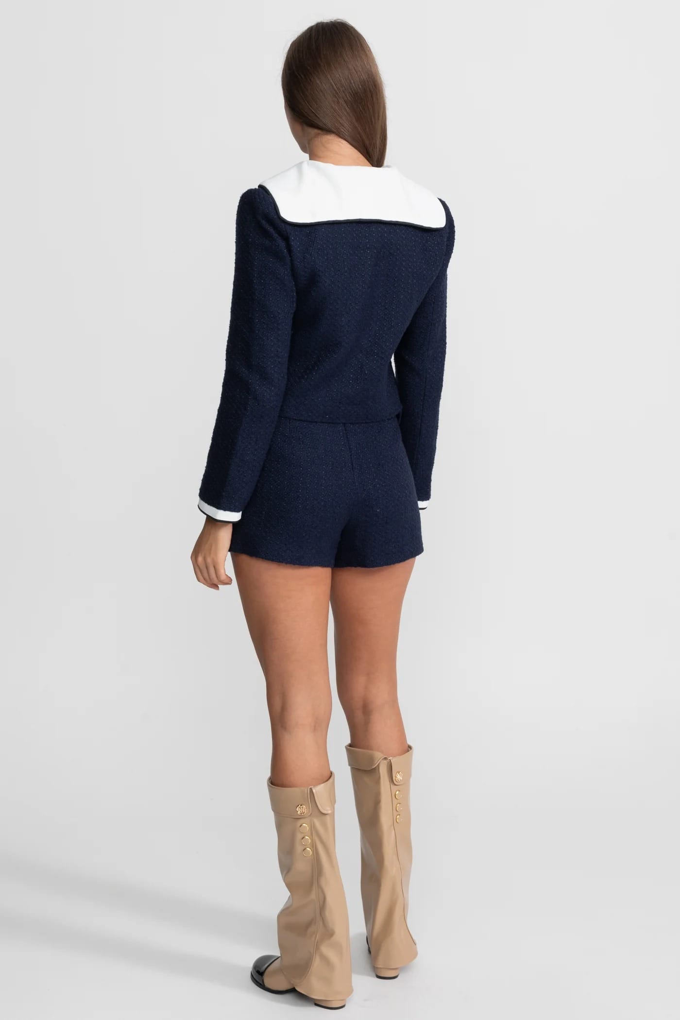 Two-Piece Set with Trim Collar Jacket and Mini Skirt - Blue