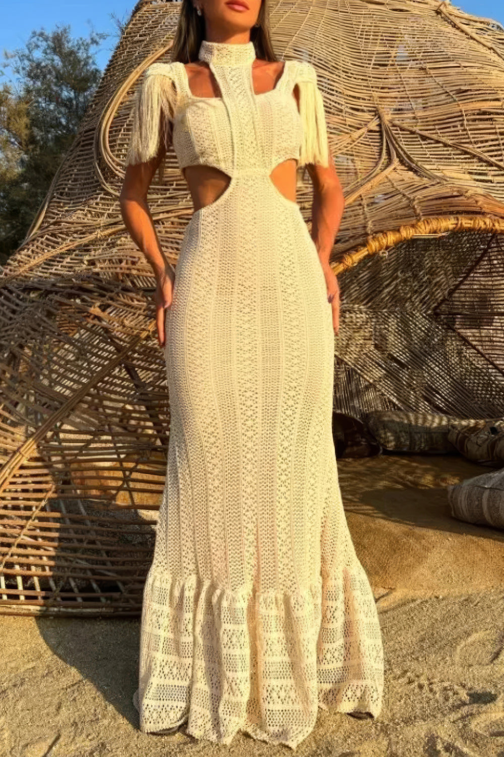 Cut-Out Crochet Maxi Dress with Ruffle Hem