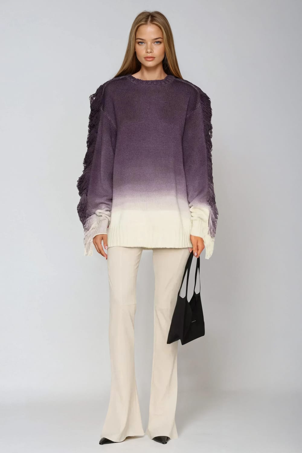 Knit Fringe Detail Sweater - Purple