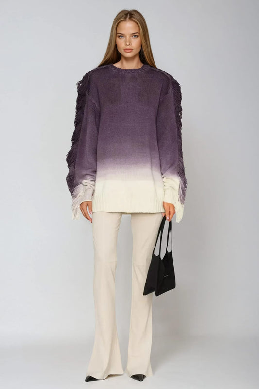 Knit Fringe Detail Sweater - Purple
