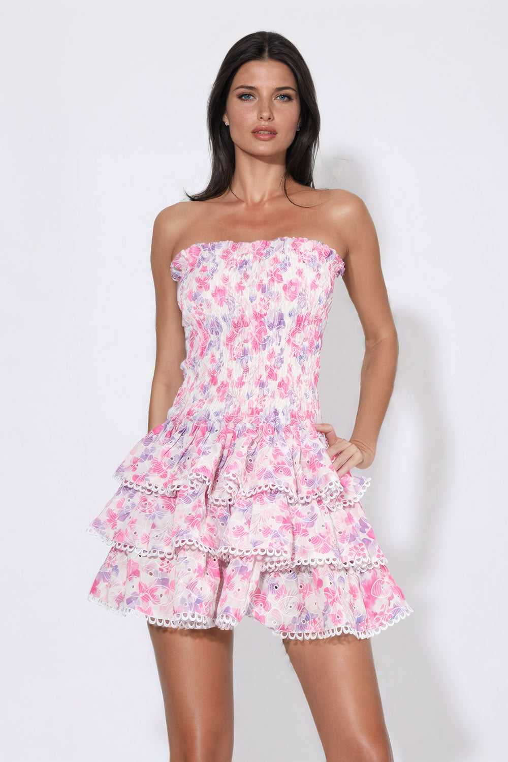 Printed Tube Ruffled Mini Dress - Pink