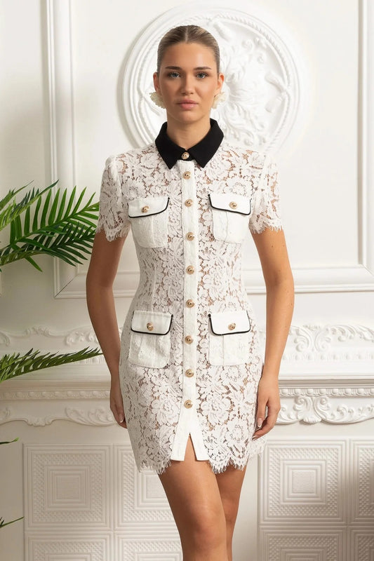 Lace Trimmed Mini Dress With Contrast Collar - White