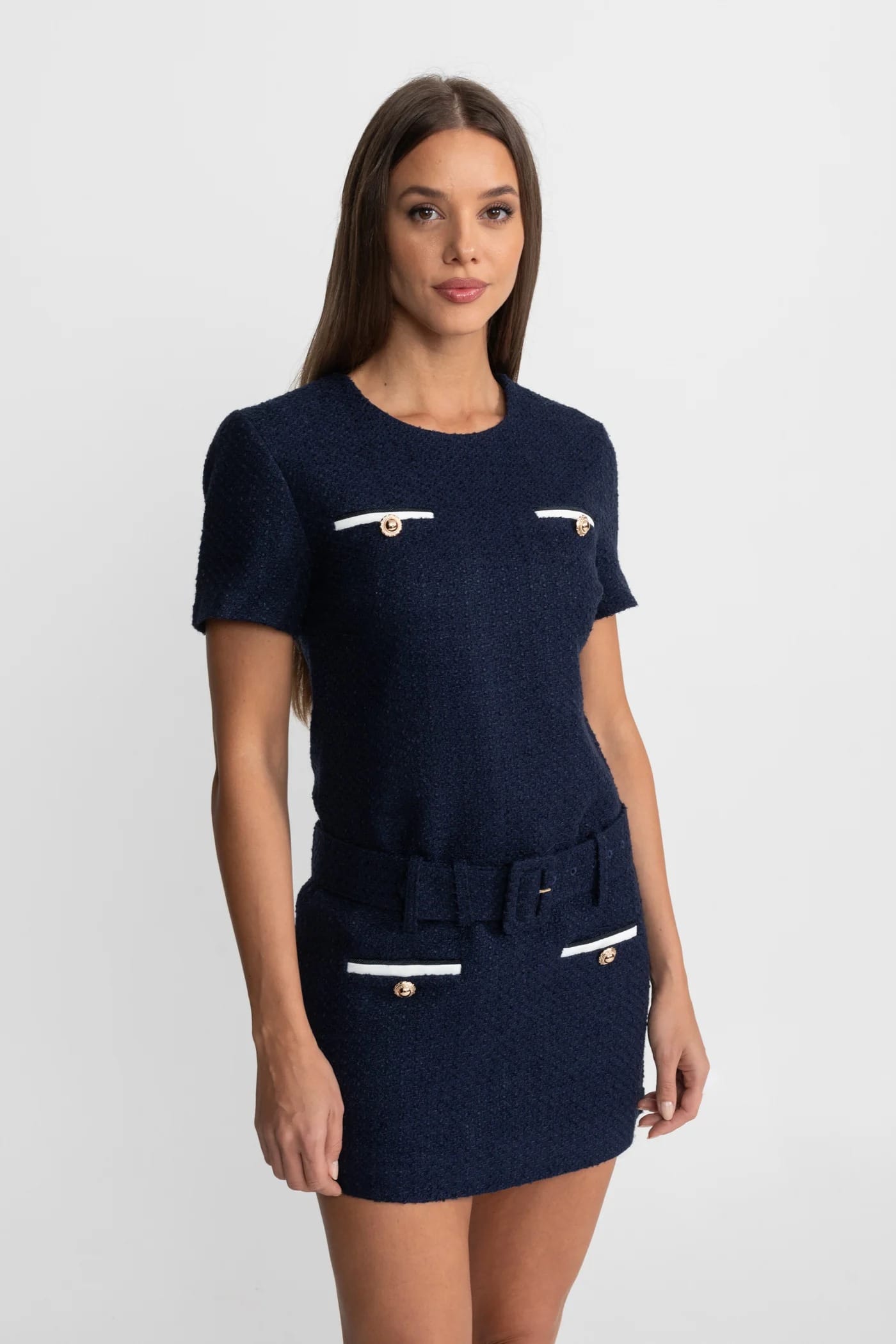 Short Sleeve Mini Dress with Belt and Button Details - Blue