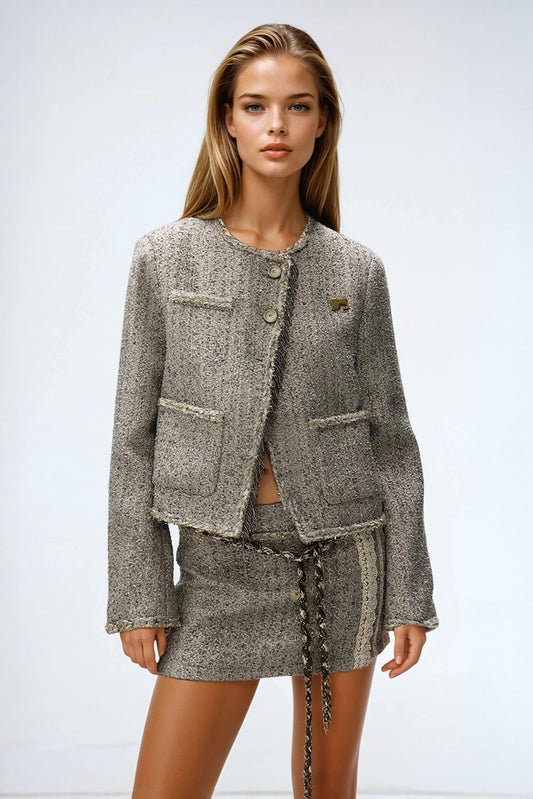 Two-Piece Set with Cropped Jacket and Mini Skirt - Gray