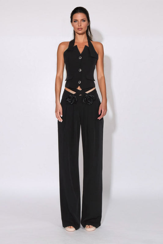 Halter Vest Top with 3D Floral Trouser Co-Ord Set - Black