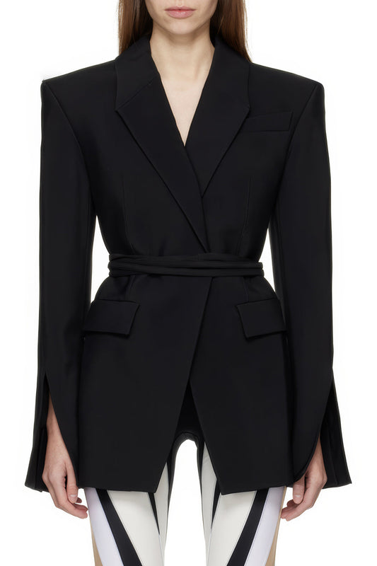 Open-Back Belted Blazer with Cutout Detail - Black