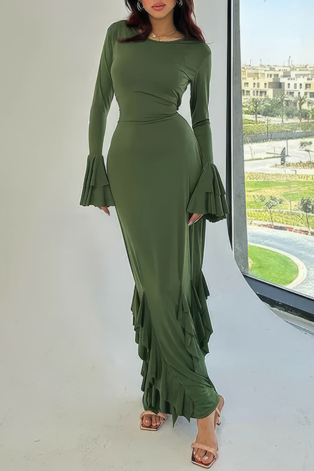 Ruffled Hem Maxi Dress with Layered Bell Sleeves