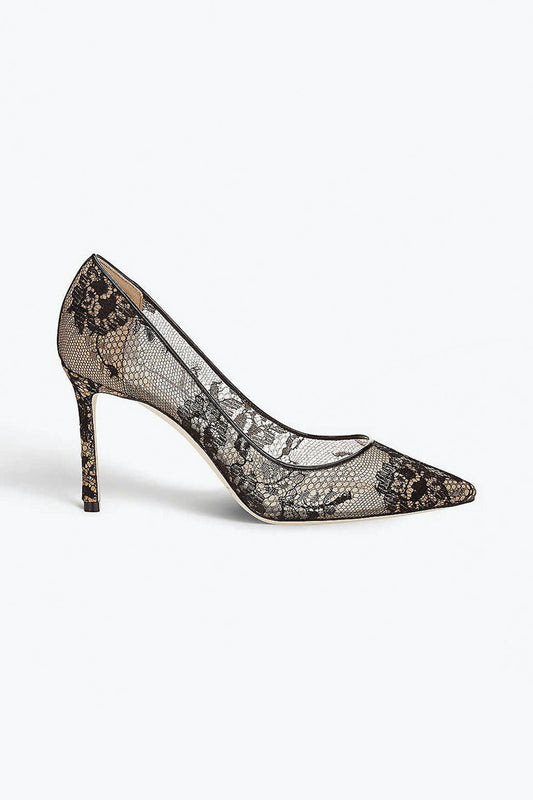 Pointed Toe Pumps with Lace Overlay - Black