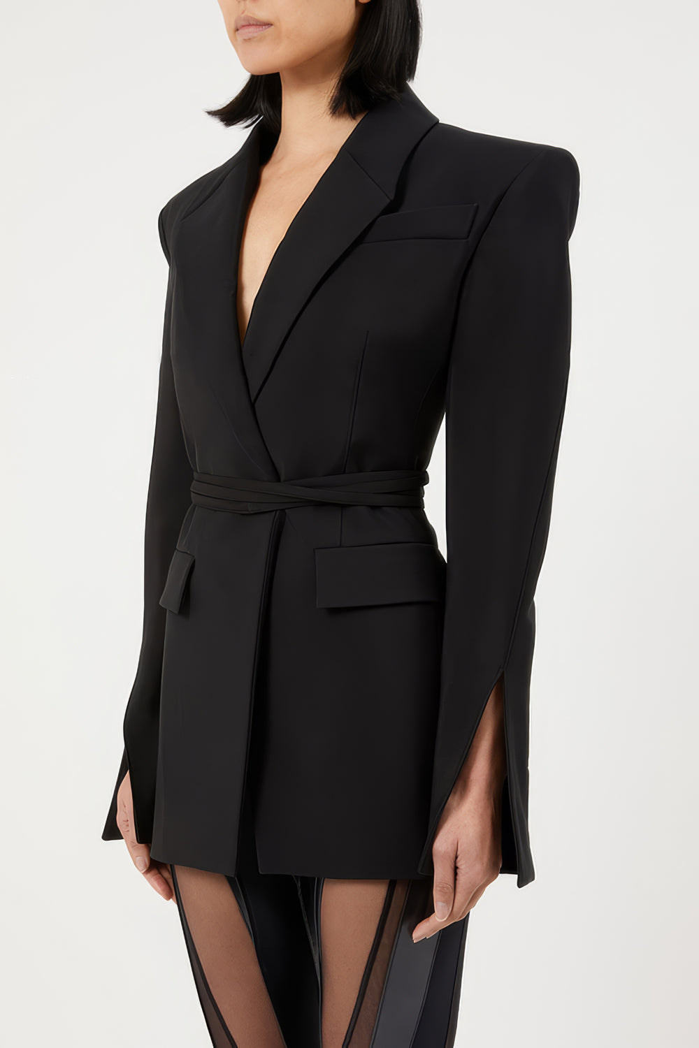 Open-Back Belted Blazer with Cutout Detail - Black