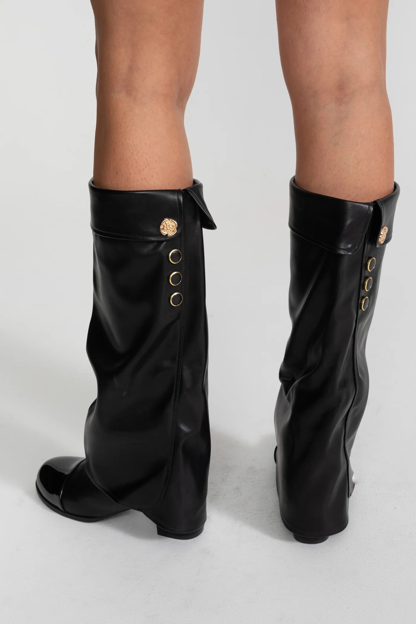 Fold Over Knee High Flat Boots - Black
