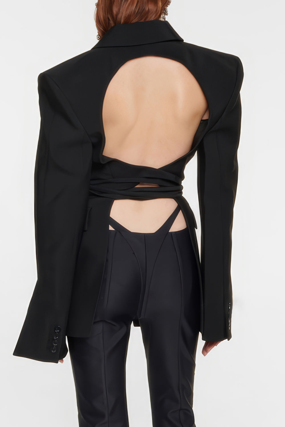 Open-Back Belted Blazer with Cutout Detail - Black