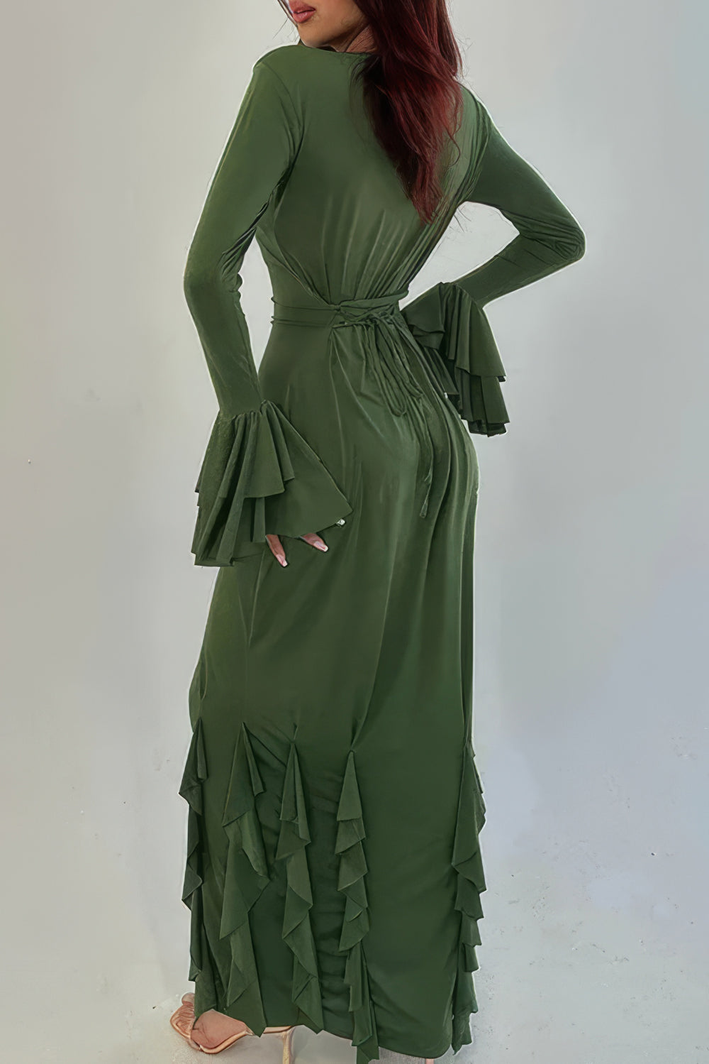 Ruffled Hem Maxi Dress with Layered Bell Sleeves